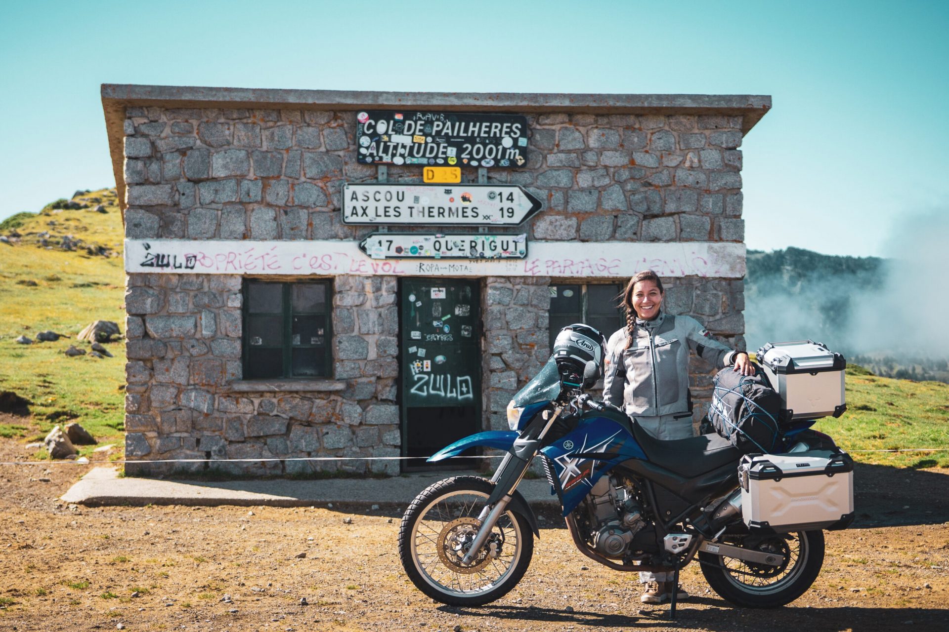 Pyrenees characteristic place with Thalassa and her motorcycle